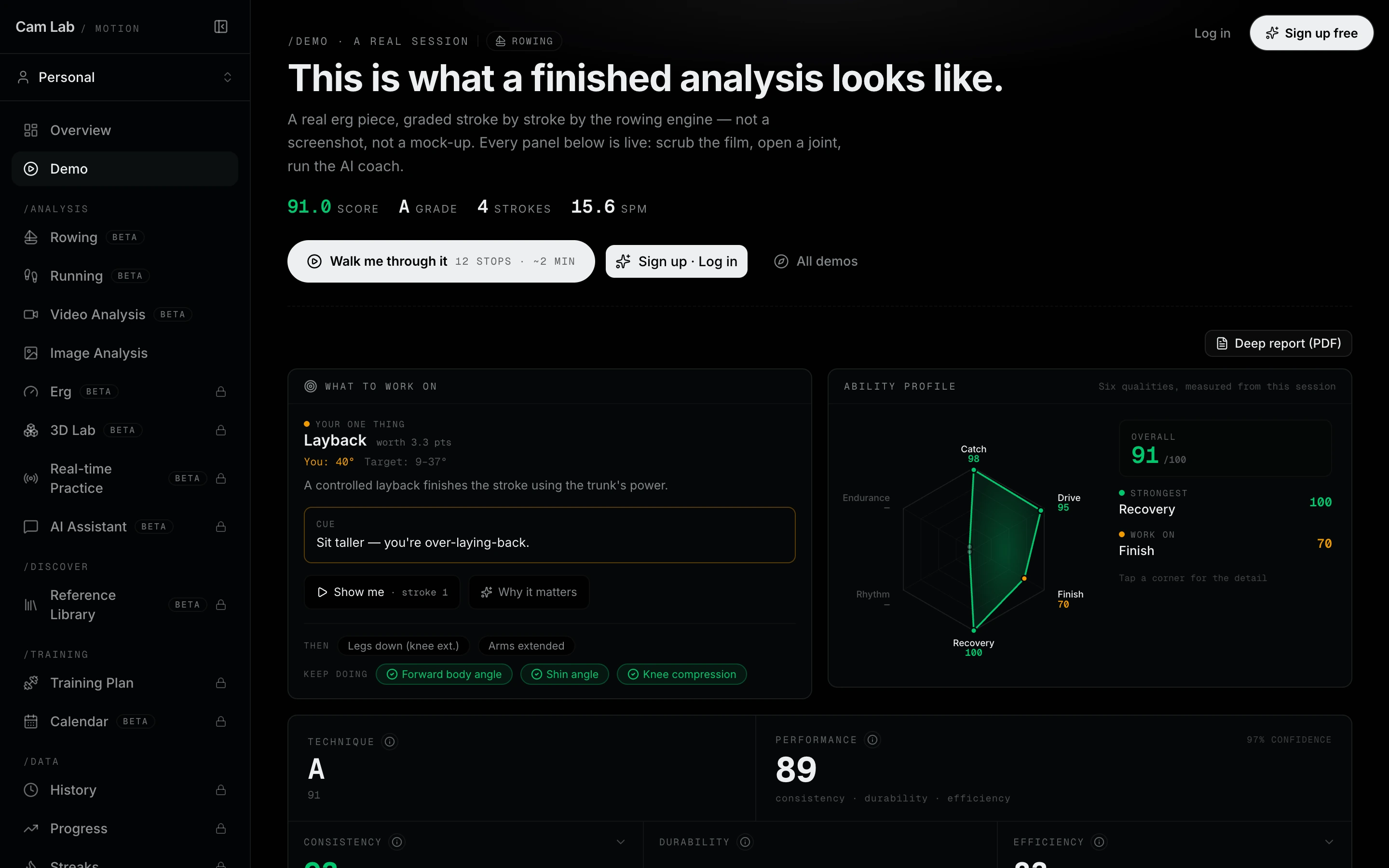 Mocta-X rowing analysis in the web dashboard: erg video with the tracked skeleton overlaid, the technique grade and per-stroke metrics