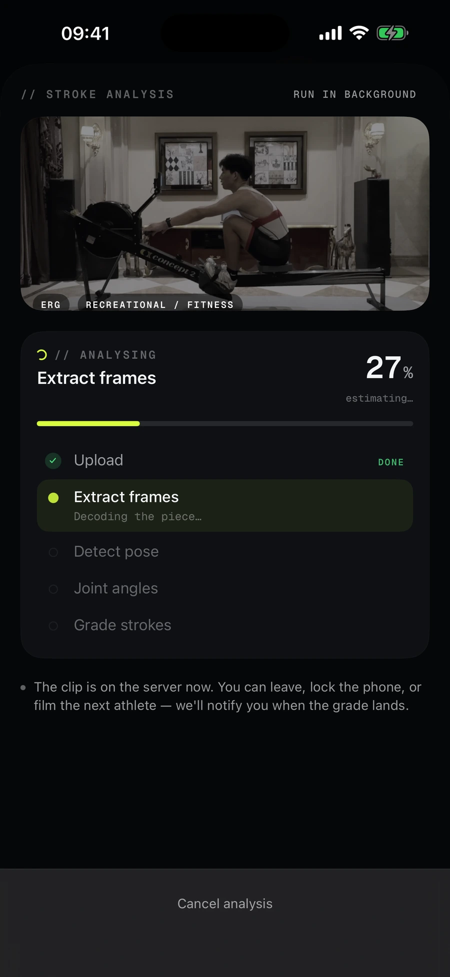 Stroke analysis running on the server: upload done, extracting frames at 27 percent