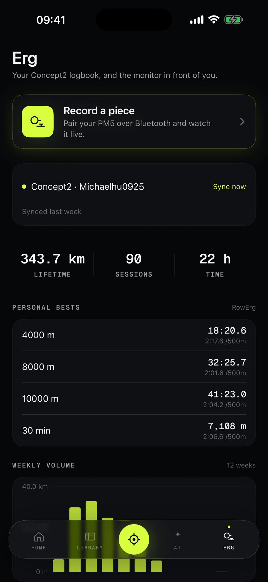 Erg tab: record a piece with a paired PM5, Concept2 sync, lifetime 343.7 km, personal bests and weekly volume