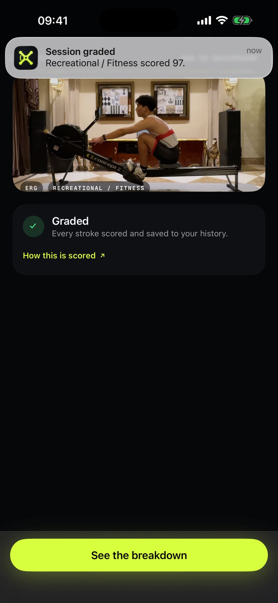 A push notification: Session graded, Recreational / Fitness scored 97