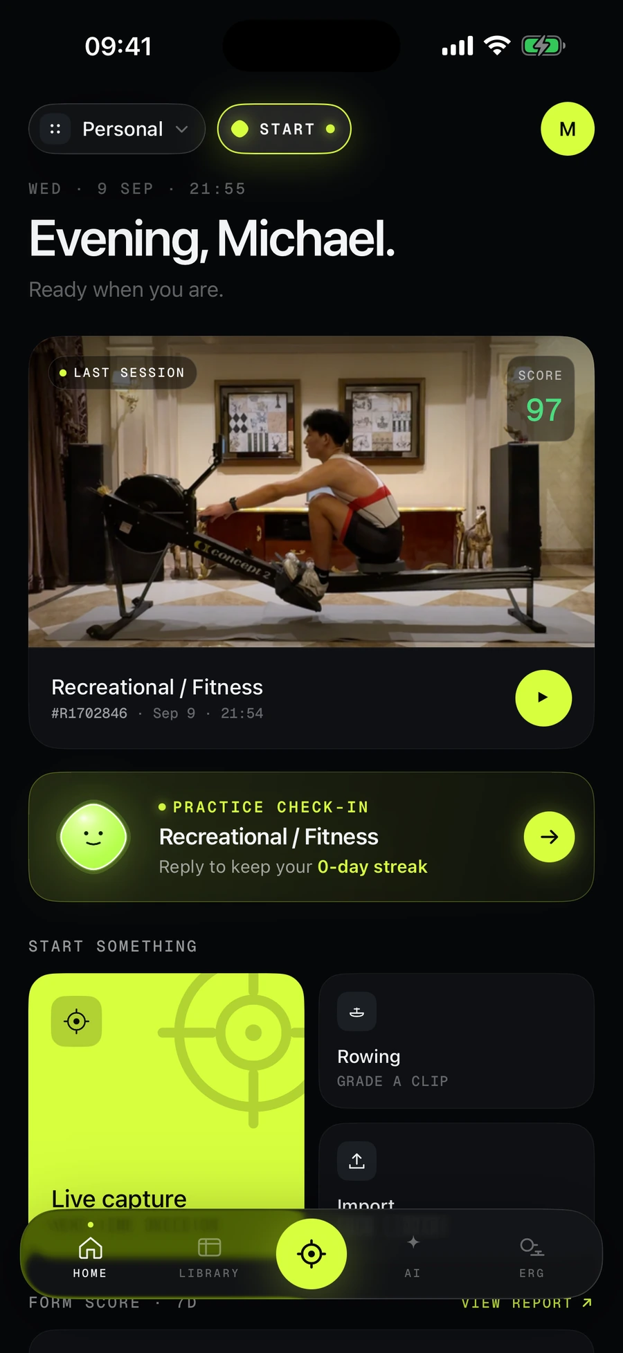 Mocta-X home: last session scored 97, a practice check-in card and Live capture, Rowing and Import tiles