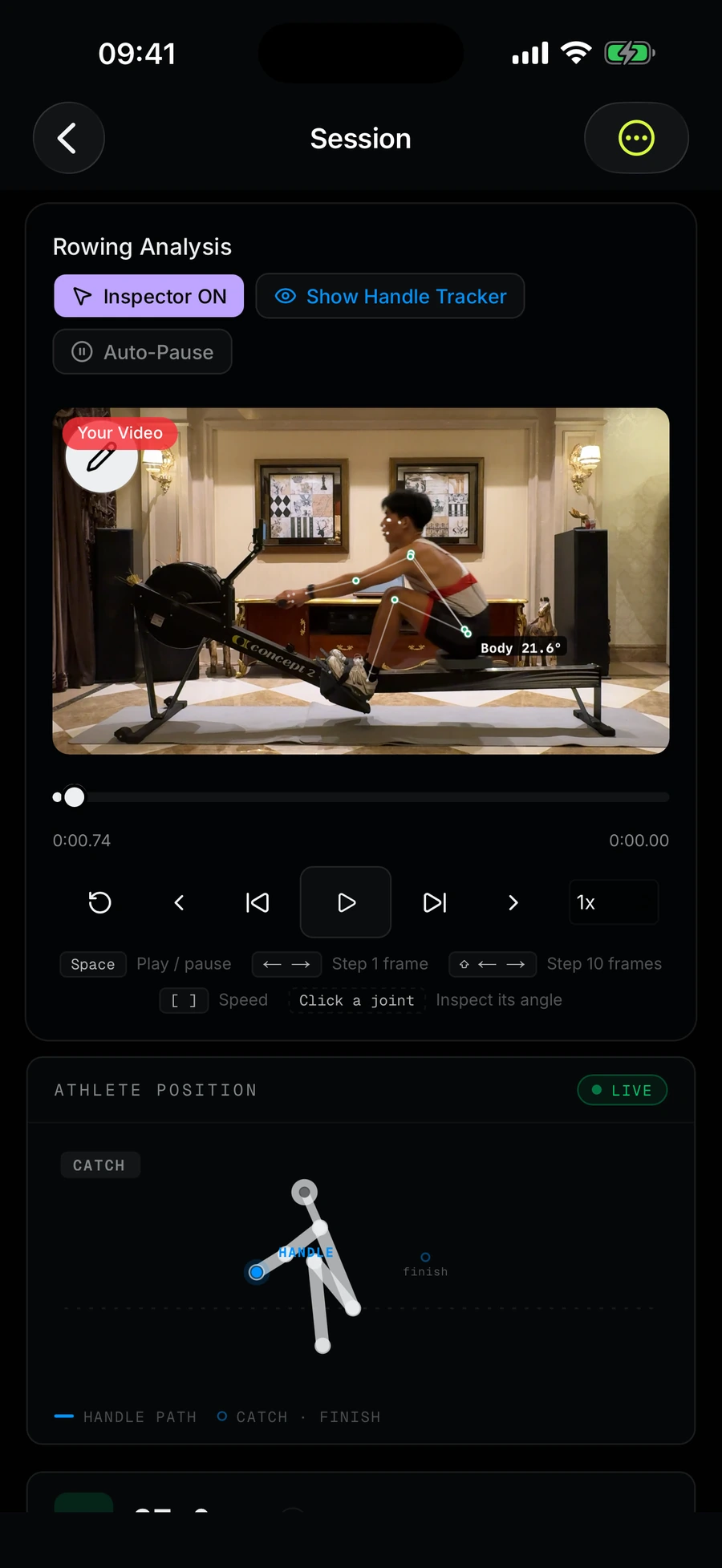 Rowing video with the joint inspector on, frame controls, and the live athlete-position skeleton at the catch