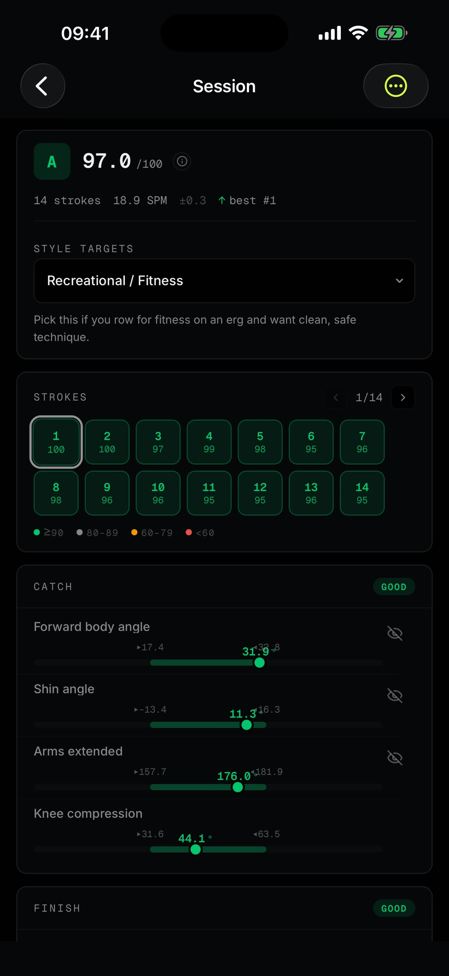 Score 97 out of 100, 14 strokes at 18.9 strokes per minute, a stroke grid and catch metrics on target bands