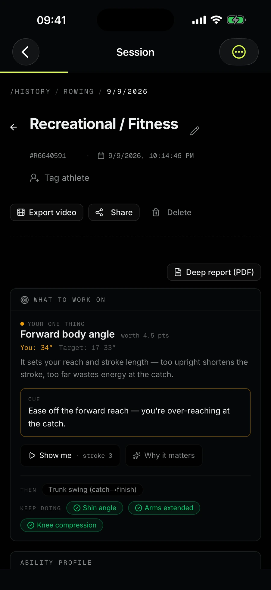 Session results: the one thing to work on — forward body angle, measured 34°, target 17–33° — with a cue and the ability profile