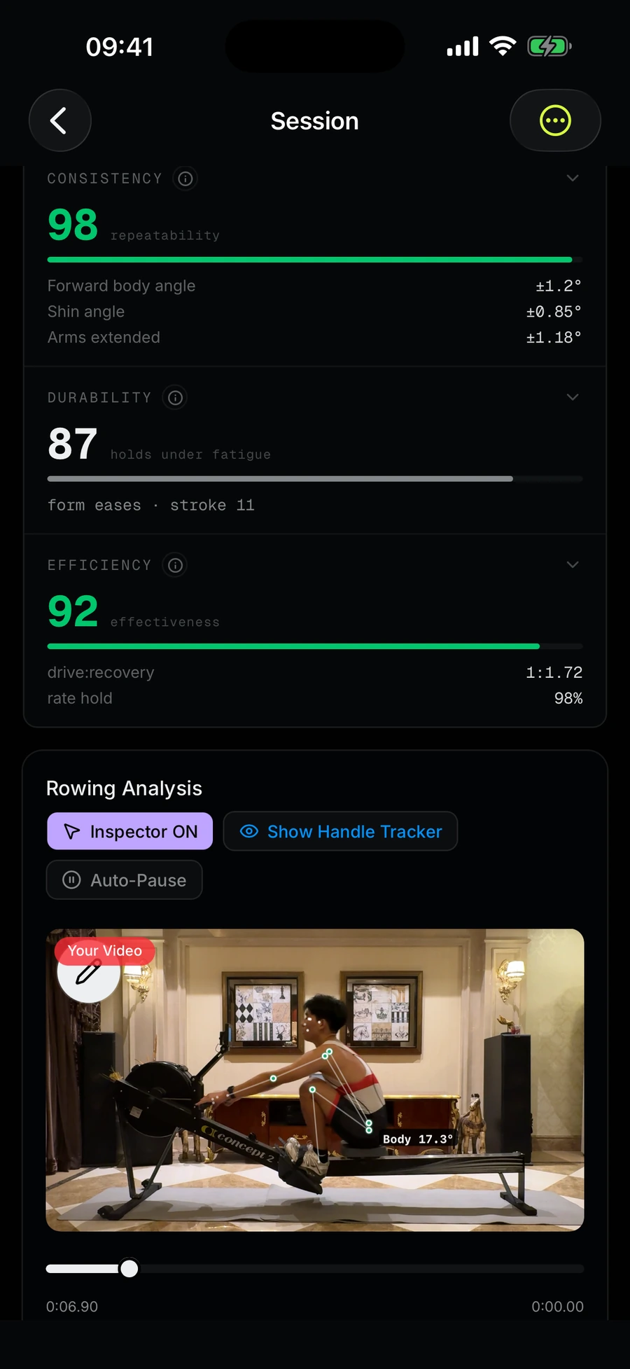 Session screen with Consistency 98, Durability 87 and Efficiency 92 above the rowing video with the joint inspector on
