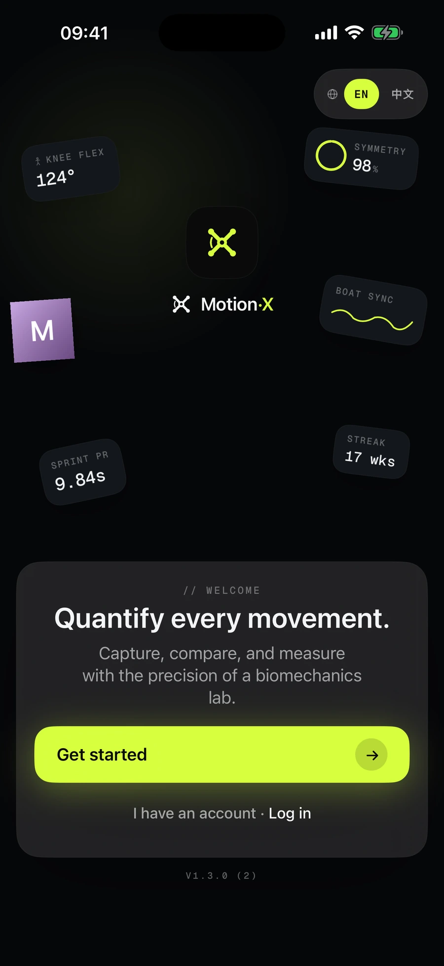 Sign-in screen: Quantify every movement, with Get started and Log in