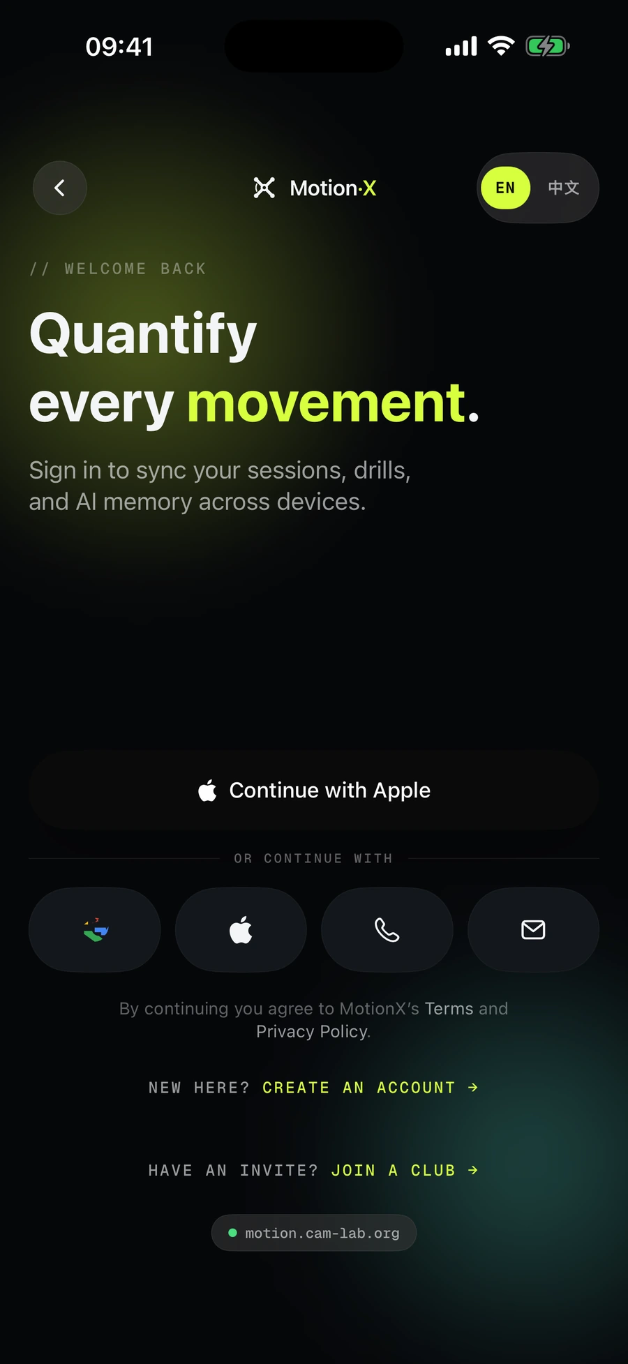 Sign-in options: continue with Apple, Google, phone number or email